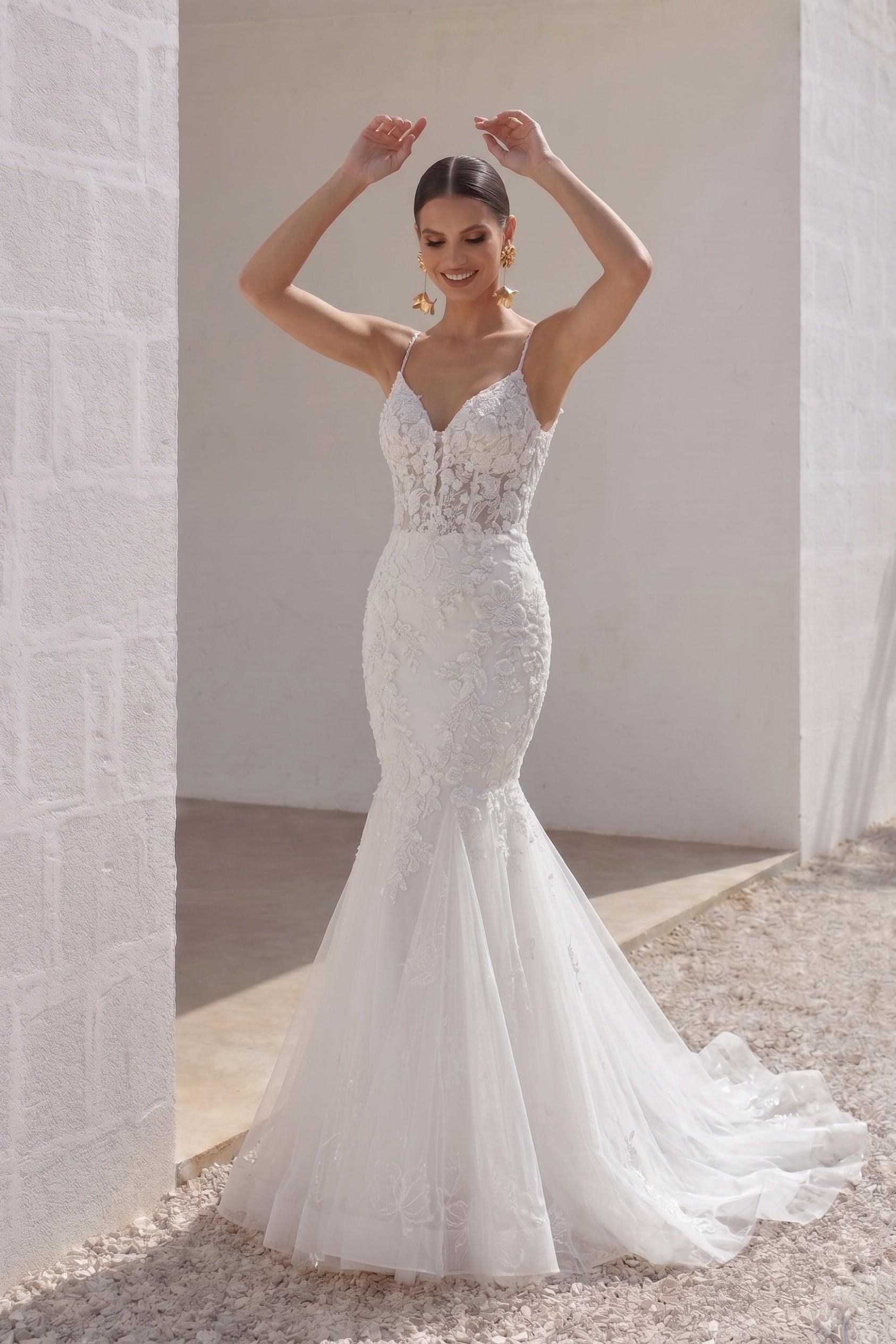 Trumpet-Mermaid Chapel Train Lace Tulle Wedding Dress CW3228 - 45 Days / As Picture:Ivory/Nude / US0-UK2-EUR30 - COCOMELODY